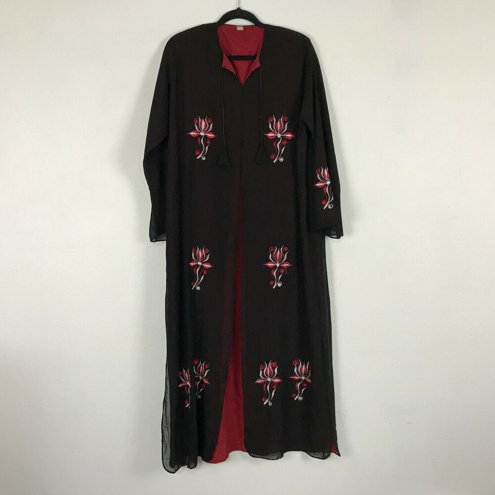 Duster Dress Size‎ L/XL Black Red Chiffon Embroidered Floral Long Sleeve